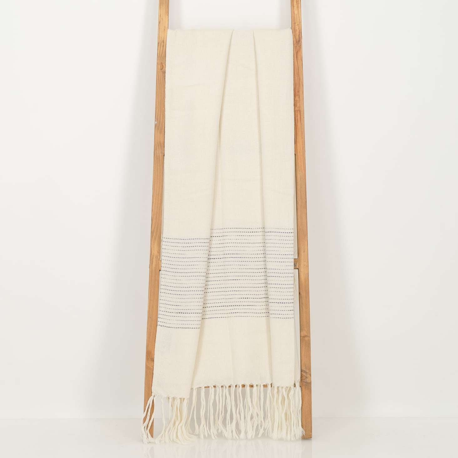 Natural White Throw - Ivory with Hand Painted Grey Band and Fringe