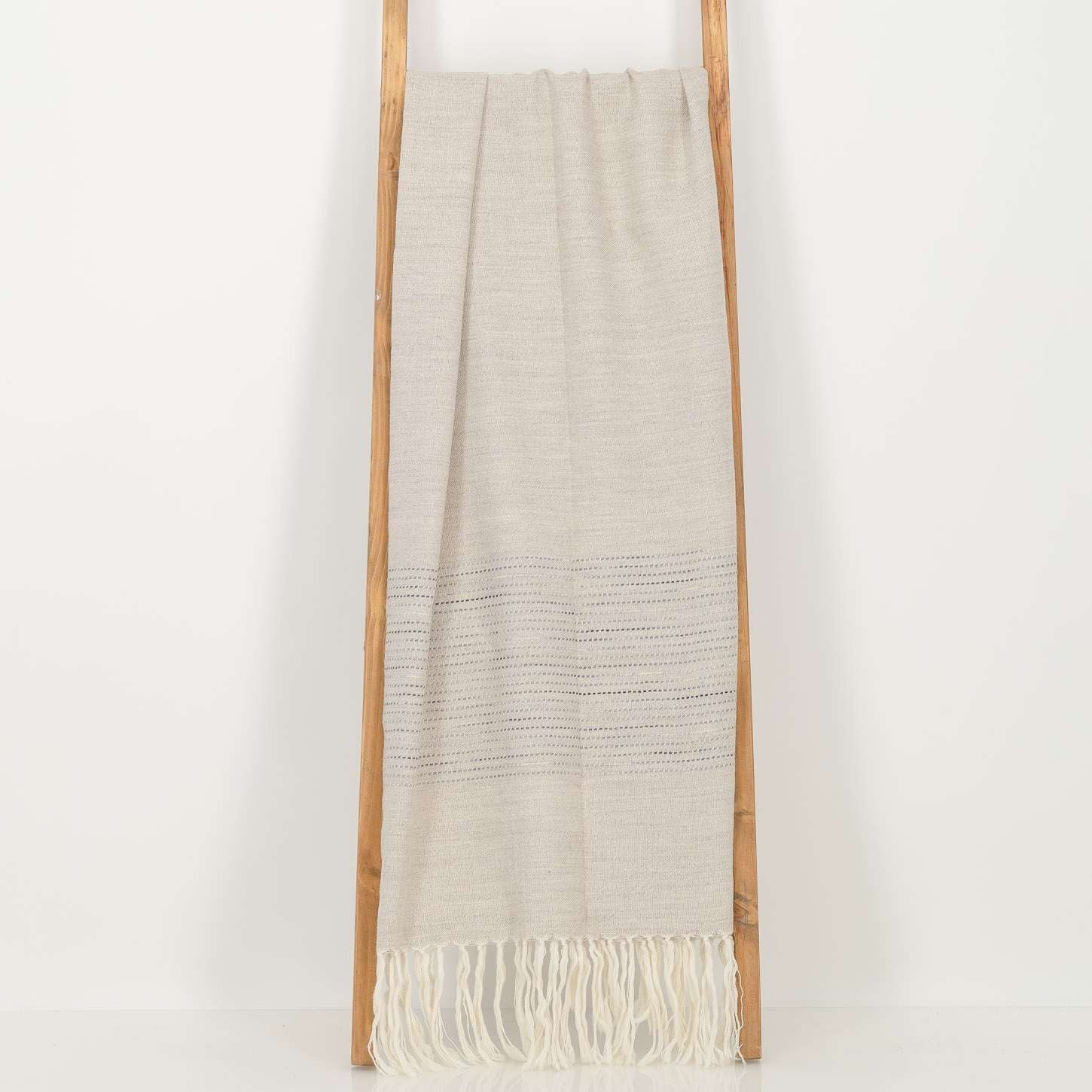 Natural Taupe Throw with Hand Painted Grey Band and Fringe