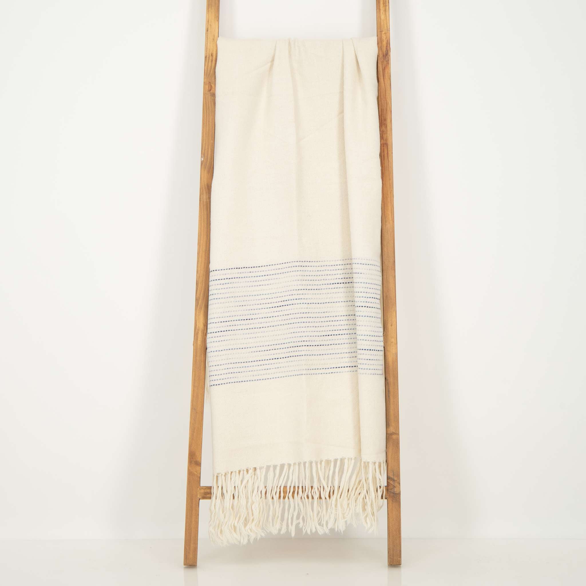 Natural White Throw - Ivory with Hand Painted Blue Band and Fringe