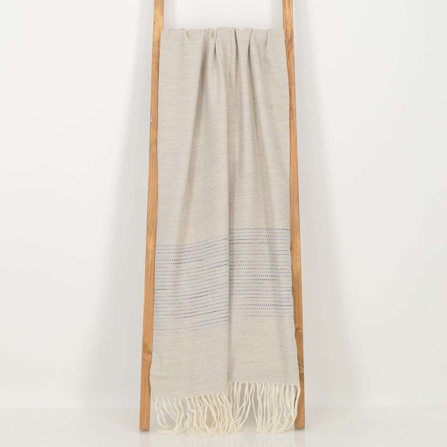 Natural Taupe Throw with Hand Painted Blue Band and Fringe
